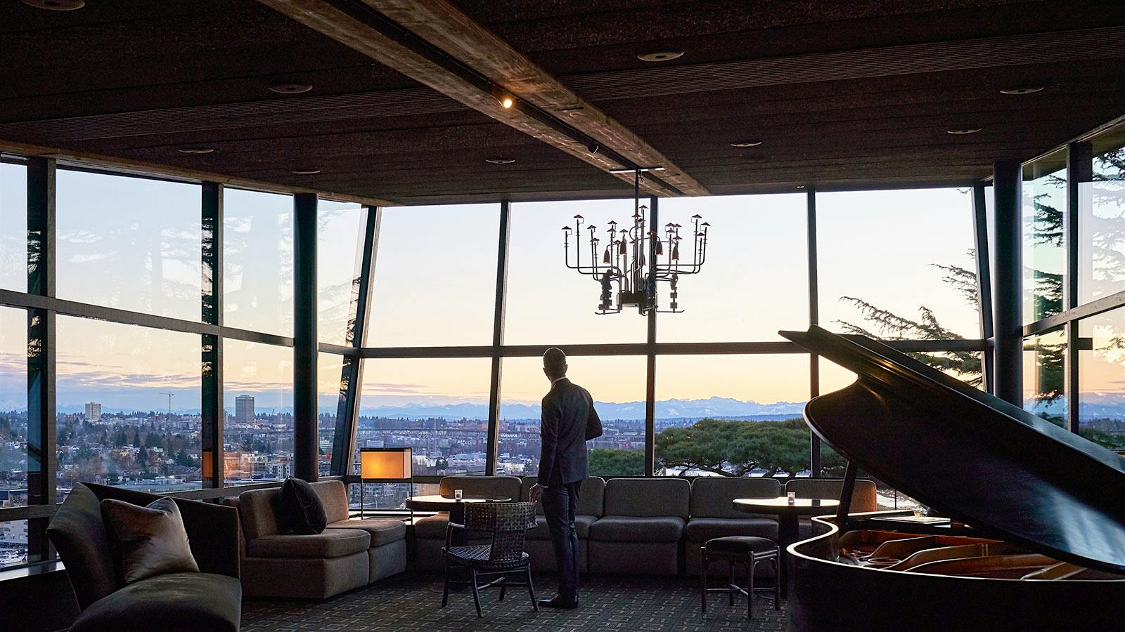Canlis lounge overlooking Seattle at sunset