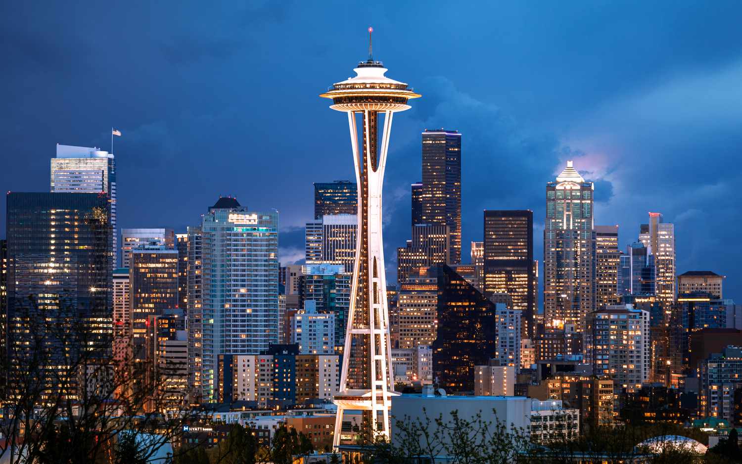 Space Needle and downtown Seattle skyline at dusk