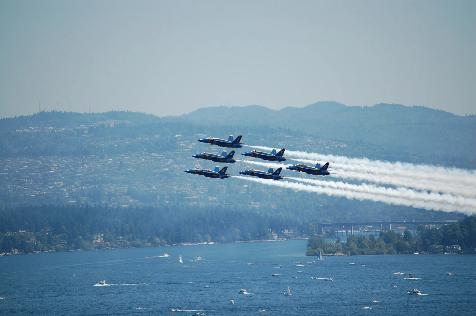 Blue Angels flying in formation at Seattle Seafair